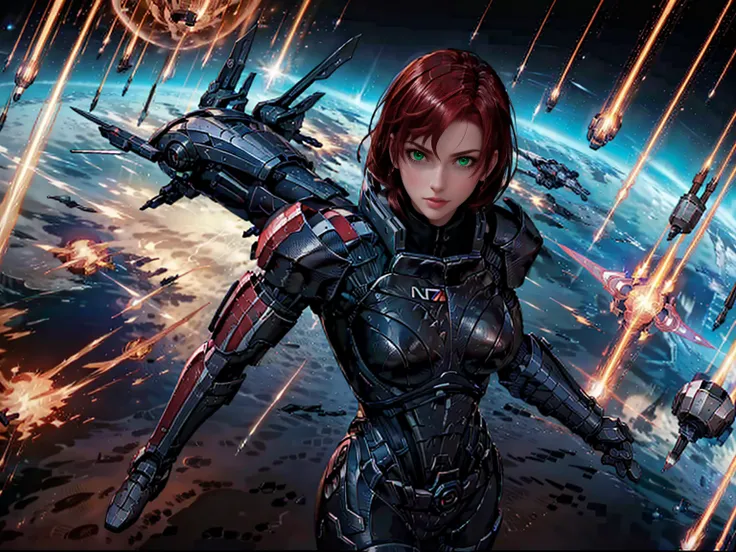 solo, a woman with crimson red hair, wearing damaged n7 armor, punching a reaper dreadnought ship in space, hand-to-hand combat ...