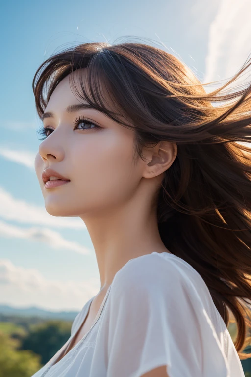 a woman, hair sways in the gentle breeze, sky, best quality, high resolution, ultra detailed, realistic, 