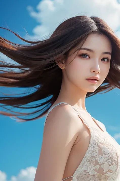 a woman, hair sways in the gentle breeze, sky, best quality, high resolution, ultra detailed, realistic, 