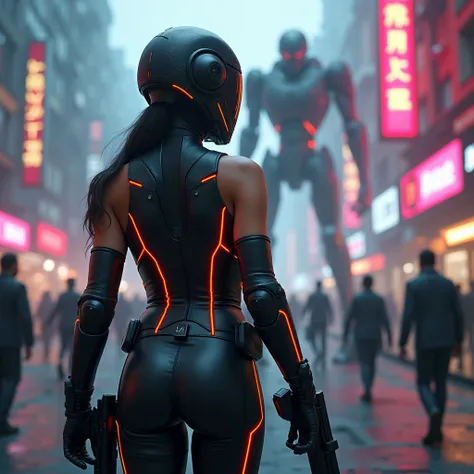 mobile team、Woman in off-the-shoulder high-leg bodysuit wearing a futuristic helmet、No hair、Reinforced ceramic armor with glowing red lines、Equipped with a large handgun、Equipped with a transparent shield、Futuristic Background、Cyber City、Terrorist bombing、...