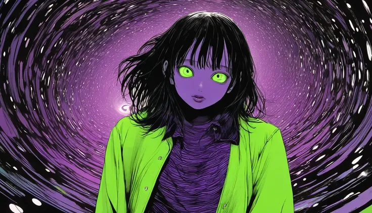 masterpiece a galaxy purple with creepy faces and a neon green shirt standing inside a black hole, galaxy behind Junji is Uzumaki, Junji this work of art, that&#39;s subtle junji, this junji art, in junji ito style, art style of junji ito, junji ito style,...