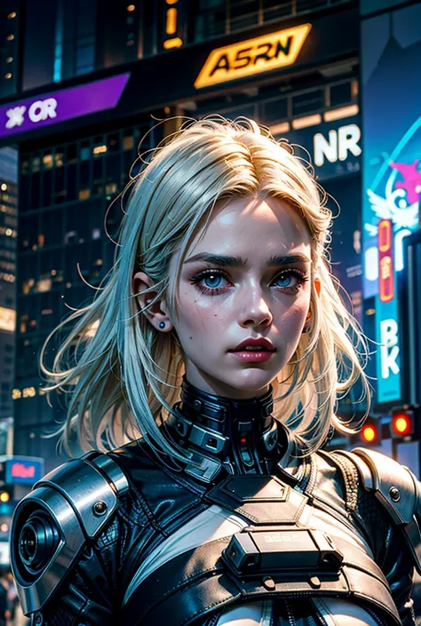 a cyberpunk woman with striking white hair, detailed facial features, and a muscular male companion in a futuristic, cybernetic setting, 1girl hyperrealistic, 8k, best quality, masterpiece, closeup, intricate cybernetic mask, shirtless, cool cyberpunk jack...