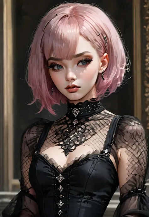 Sexy goth girl, intricate details, voluptuous dress, beautiful face, pink and black square hairstyle 