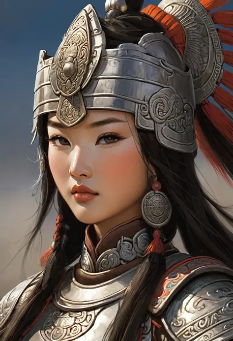 Sexy mongolian warrior girl, mongolian tribale armor, intricate details, beautiful face, ((asian mongolian girl))