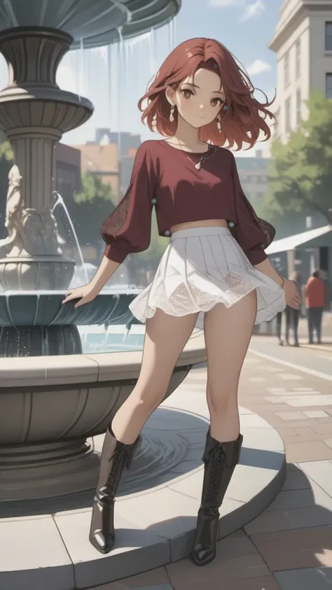 (((Adult woman)): (thigh white lace miniskirt, purple lace cropped top, brown eyes, brown skin, dark skin, showing the whole body, ((red velvet hair, short wavy hair)), ((High heel boots ). Closed mouth )); full body shot, cute smile ((dancing in front of ...