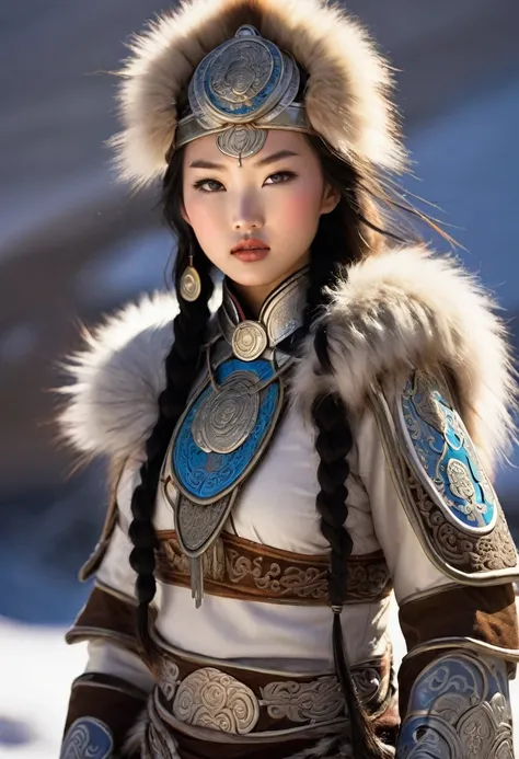 Sexy mongolian warrior girl, mongolian tribale fur armor, intricate details, beautiful face, ((asian mongolian girl))