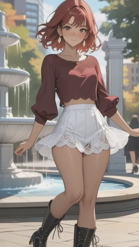 (((Adult woman)): ( white lace miniskirt, purple lace cropped top, brown eyes, brown skin, dark skin, showing the whole body, ((red velvet hair, short wavy hair)), ((High heel boots ). Closed mouth )); full body shot, cute smile ((dancing in front of fount...