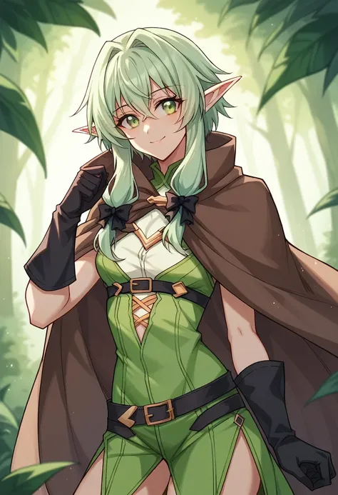 one person, high elf archer \(goblin slayer!\), goblin slayer!,  elf, green hair, green eye, black ribbon, brown cloak, black gl...