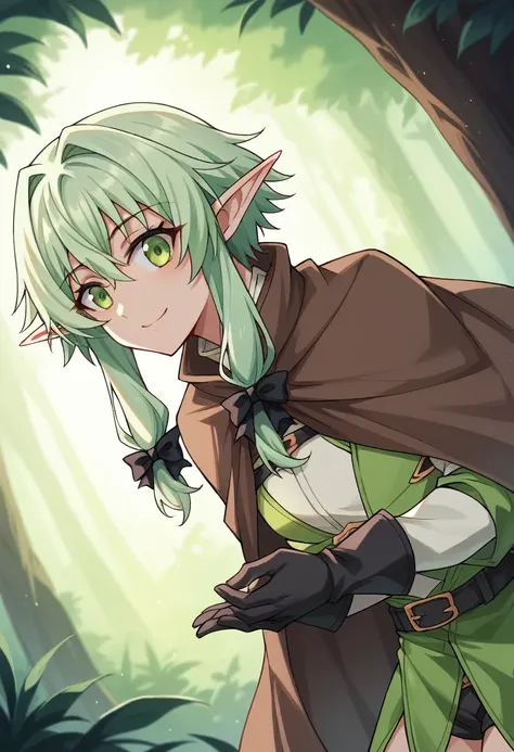 One person, high elf archer (goblin slayer!), goblin slayer!,  elf, green hair, green eye, black ribbon, brown cloak, black gloves, smile、A masterpiece break in a fantastic forest、Beautiful attention to detail:1.2, Perfect lighting, (perfect hand, perfect ...