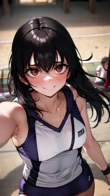 A tall athletic high school girl with short black hair, wearing a volleyball uniform, her face very close to the viewer, wide obsessive eyes filled with possession and jealousy, her twisted smile is unsettling, sweat glistening on her forehead, dark shadow...