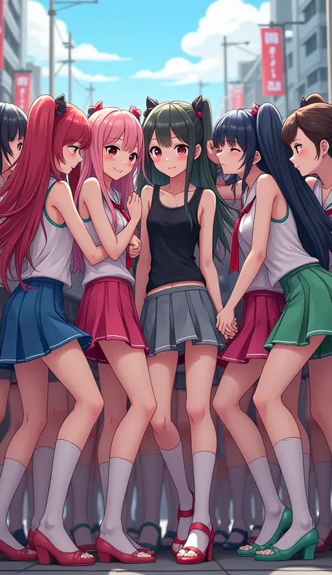 7,000 anime girls with long hair wearing colorful hirajuku, wearing colorful very short skirts, colorful very long socks, and colorful hirajuku. 7,000 anime girls with long hair wearing colorful hirajuku, wearing colorful very short skirts, and colorful ve...