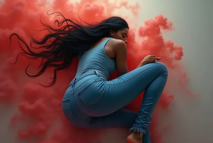 Fantasy image with more than wonderful details of a beautiful Ethiopian woman with long black hair spread in the air due to the wind, wearing sexy jeans, big butt, blue shirt, bare feet, she is sleeping like an angel, the viewer sees her from above with al...