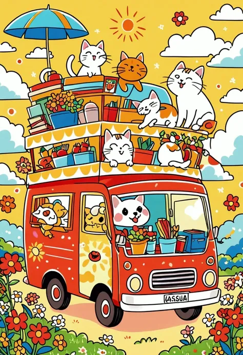 there is a cartoon truck，there is a dog and a cat on it, colorfull illustration, color illustrations, editorial illustration col...