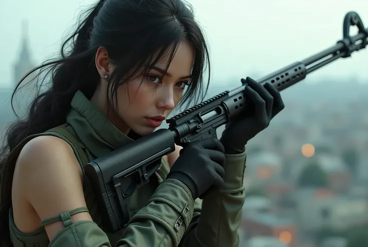 The words "Trinity" written in large letters at the bottom of the screen, A female soldier, facial mix of persian and japanese woman, 22 yo, holding a sniper gun, on the building rooftop, full battle gear, ((masterpiece, highest quality, Highest image qual...