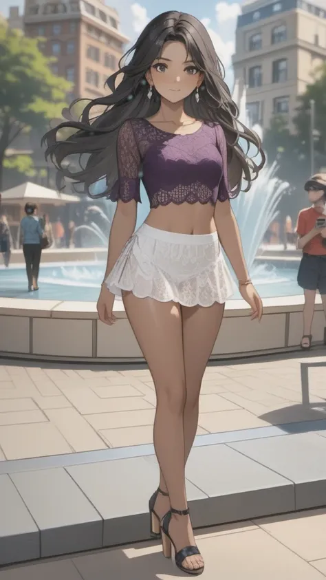 (((Adult woman)): ( white lace miniskirt, purple lace cropped top, black eyes, brown skin, dark skin, showing the whole body, ((black hair, long wavy hair)), ((High heel sandals ). Closed mouth )); full body shot, cute smile ((dancing in front of fountain ...