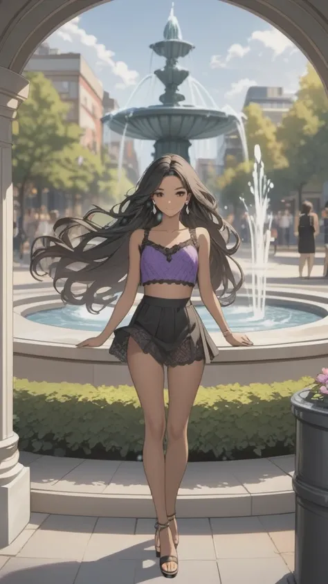 (((Adult woman)): ( white lace miniskirt, purple lace cropped top, black eyes, brown skin, dark skin, showing the whole body, ((black hair, long wavy hair)), ((High heel sandals ). Closed mouth )); full body shot, cute smile ((dancing in front of fountain ...