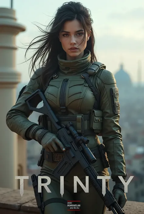 The words "Trinity" written in large letters at the bottom of the screen, A female soldier, facial mix of persian and japanese woman, 22 yo, holding a sniper gun, on the building rooftop, full battle gear, ((masterpiece, highest quality, Highest image qual...