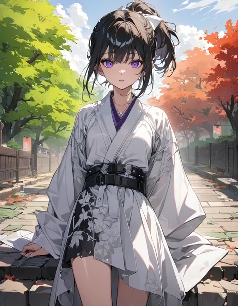 ((masterpiece)、(absurdres)、(ultra detailed)、(8k),SFW,Anatomically correct,anime:1.1,solo lady,shiny black hair,shiny purple eyes,short highponytail,(1white ribbon;1.1),(small breast:0.9),break,(Gothic detailed white KIMONO:1.1),summer,blind body,break,cowb...