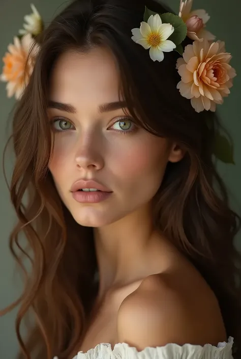 Super realistic photo, high resolution 8K
Beautiful young French woman slim with long brown hair, bright light green eyes half-open with a naughty look, attractive, hollow cheeks and flowers in her hair, woman in bloom, sensual, extremely beautiful face wi...