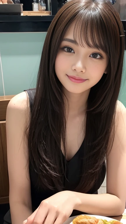 ((Best Quality, 8k, masterpiece: 1.3)), beautiful girl, Pure, Melon Face, Kind and cute, Cute Smile, Pure desire, Slender body, (Front), (Tilt your head), ((Looking into the camera) ), Wearing a raspberry ripple colored suit, Long, black, silky hair, Long,...