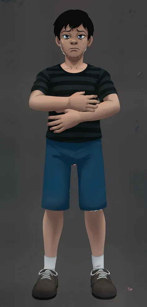 A child boy, wearing a black striped shirt, with expression/emotion of fear and sadness (FNAF CRYING CHILD)