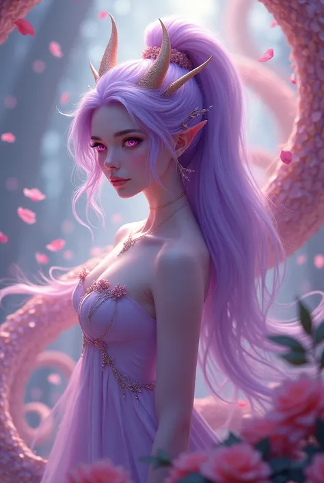 ((Masterpiece, Best Quality)), (Negative Space: 1.2), (1 Girl, Solo: 1.4), Petals, Pink Eyes, Dragon Girl, Long, Purple Hair, High Ponytail, Liquid Hair, Flowers, Dragon Background