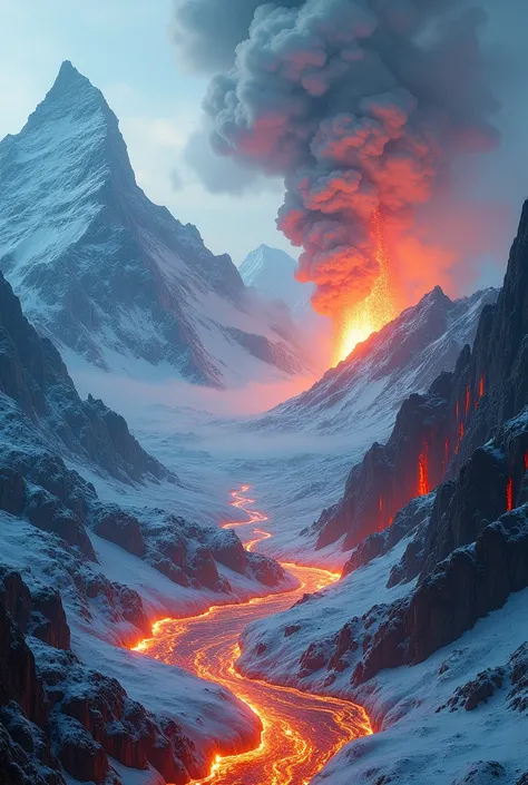 Create an image of ice and fire coexisting within each other with icy mountains and erupting volcanoes 