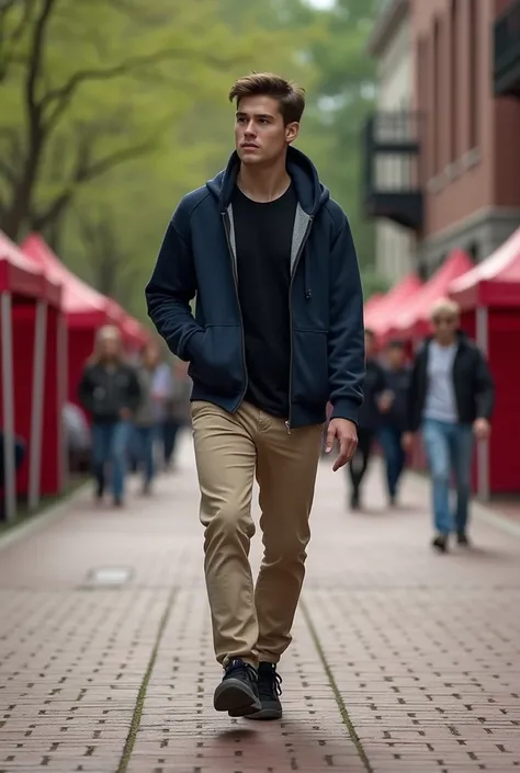 Please make me a photo.the photo shows a young man walking on a brick sidewalk. He wears a dark blue hoodie over a black t-shirt and beige pants. He had a pair of black sneakers on his feet and looked to the side with a serious expression on his face. In t...