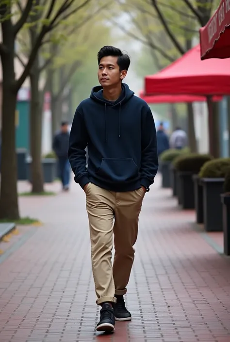 Please make me a photo.the photo shows a young man Asian walking on a brick sidewalk. He wears a dark blue hoodie over a black t-shirt and beige pants. He had a pair of black sneakers on his feet and looked to the side with a serious expression on his face...