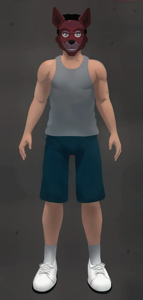 a teenage boy, wearing a gray sleeveless t-shirt, wearing a mask of a red fox (MICHAEL AFTON DE FNAF 4)