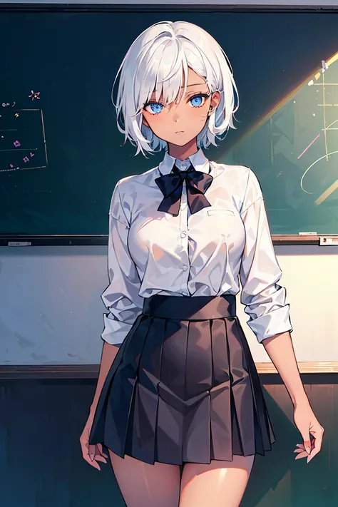 ((1 girl)), ((Dark Skin)), White Hair, Short Hair, English Teacher, Tight skirt, School classroom, In front of the blackboard, Cowboy Shot,((Very detailed,Best Quality, High resolution, Apathy, 8K wallpaper, Formal clothing,)), (Deep blue eyes),Eyeshadow, ...