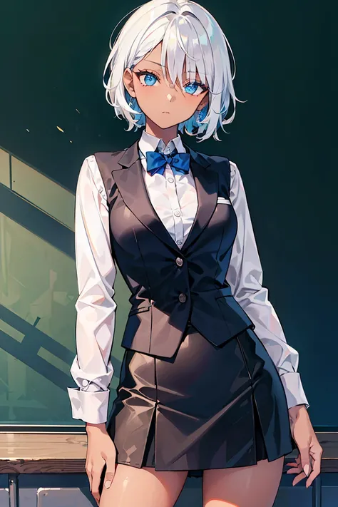 ((1 girl)), ((Dark Skin)), White Hair, Short Hair, English Teacher, Tight skirt, School classroom, In front of the blackboard, Cowboy Shot,((Very detailed,Best Quality, High resolution, Apathy, 8K wallpaper, Formal clothing,)), (Deep blue eyes),Eyeshadow, ...