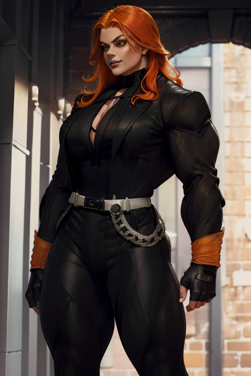 ((Close-up)), tall, (orange hair), beautiful muscular woman, long shaggy hair, pale white skinned, closed smile, large breast, (black lipstick), (massive muscles), (hyper muscle), (((ginormous bulky muscles))), green eyes, (((((long sleeve formal suit jack...