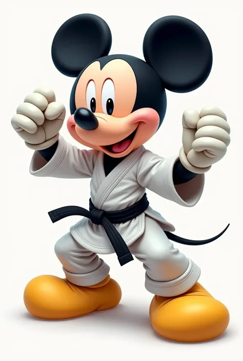 Here you have the image of Mickey Mouse with his karate uniform and black belt, doing a karate pose. Would you like to modify something or make any changes??