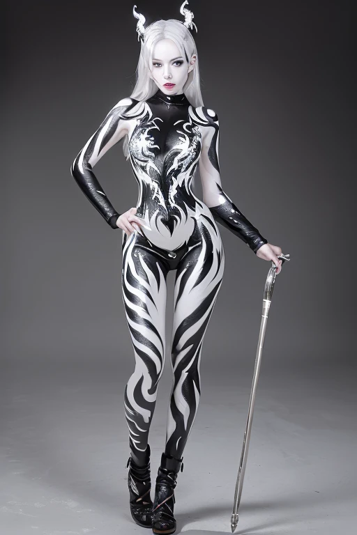 Succubus, (Full body silver paint:1.6), White paint, (Silver skin,Black:1.3) paint, Face paint,Black flame pattern paint, (Black and white flame pattern body paint:1.5), Silver paint finish,Full body black flame pattern body paint, Silver colored PAINT on ...