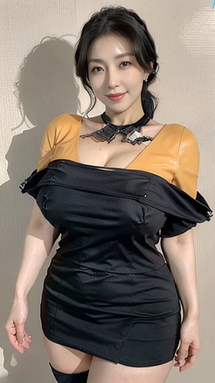 （（（１people々 woman）））、（（（Age 40:1.5）））、Black Hair、short hair、ponytail、smile、Nose hook、（（（Huge breasts:1.5）））、（（（Big Breasts）））、（（（Very deep cleavage）））、（（（Off-the-shoulder tube dress:2.0）））、（（（Tight skirt）））、Halter neck、（（（Knee socks）））、Genuine、Genuineな肌の質感...