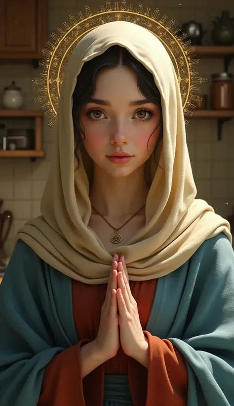 Beautiful portrait (sks people),Pure Virgin Mary, Jewish, Looking at the camera, Shy expression, Reddish brown tunic, Blue-grey cloak, Beige veil, kitchen, Complex, elegant, Very detailed, DIGITAL PAINTING, Art Station, Concept Art, , Sharp focus, Illustra...