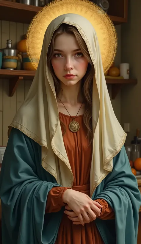 Beautiful portrait (sks people),Pure Virgin Mary, Jewish, Looking at the camera, Shy expression, Reddish brown tunic, Blue-grey cloak, Beige veil, kitchen, Complex, elegant, Very detailed, DIGITAL PAINTING, Art Station, Concept Art, , Sharp focus, Illustra...