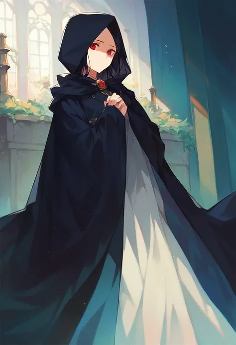 , 1girl, solo, black hair, red eyes, long cape sleeves, sleeves covered hands, no hands, dress, long cape, cape, black cloak, hood up, black robe, covered mouth, hooded cloak, masterpiece, best quality, rooms, standing