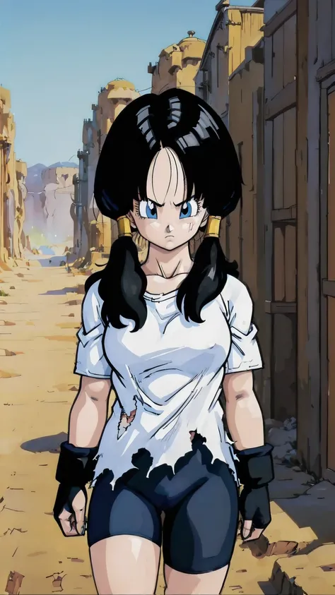 (masterpiece), anime, Best Quality, Good anatomy, 2, Alone, ( On my knees),blue eyes, Black Hair, Twin tails, Black gloves, big chest realistic face, Gloomy face, Looking down, bicycle_Shorts, bangs, White shirt, Reflector, 8K masterpieceultra-detailed, Mo...