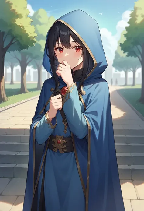 , 1girl, solo, black hair, red eyes, blue long cape sleeves, sleeves covered hands, no hands, blue dress, blue long cape, blue cape, blue cloak, hood up, blue robe, covered mouth, hooded cloak, masterpiece, best quality, city, park, standing, 