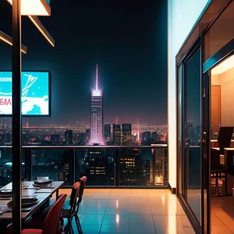 Dining in a high-rise building Restaurant Night view Neon Cyberpunk Big city　Cat ears