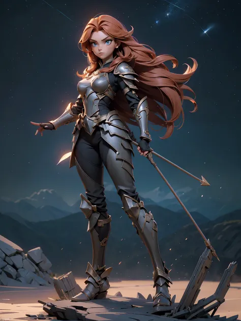 (((masterpiece, best quality, high detailed, 16k))) (1girl) A fierce and adventurous female warrior with long, flowing auburn hair and bright, determined blue eyes. Her armor is lightweight and sleek, adorned with stars and bow motifs. She carries a massiv...