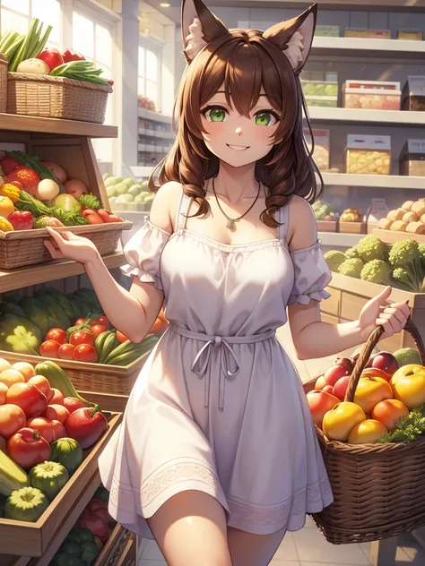 (female): solo, (perfect face), (detailed outfit), (20 years old), grocery store owner, (wolf ears), cheerful, smiling expression, (walking), brown hair, medium hair, twin drills hair, green eyes, light skin, medium chest_circumference, (casual dress), (sh...