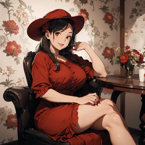 1 female, tan skin, brown skin, huge breast, black 50s long hair, red long vintage dress, 50s dress, red 50s hat, red nails, red shoe, 50s place wallpaper, smile, sitting down, in the 50s chair, flowers, sexy lip, red lip