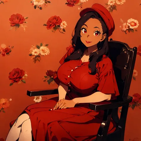 1 female, tan skin, brown skin, huge breast, black 50s long hair, red long vintage dress, 50s dress, red 50s hat, red nails, red shoe, 50s place wallpaper, smile, sitting down, in the 50s chair, flowers, sexy lip, red lip