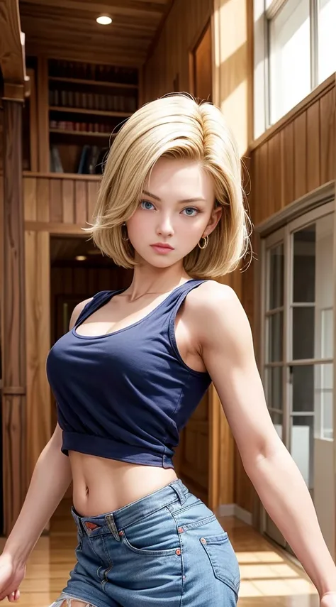 The best quality, High resolution, and18, 1 girl in, Android 18, Alone, Wavy blonde hair Blue eyes, short hair, sexy face eager for sex Earrings, jewelry, denim dress, [open jacket, White navel tank top，,  Very sexy latex adidas leggings, Medium breasts, f...