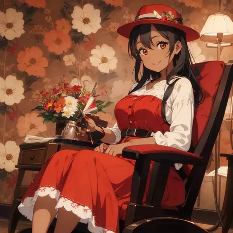 1 female, tan skin, brown skin, huge breast, black 50s long hair, red long vintage dress, 50s dress, red 50s hat, red nails, red shoe, 50s place wallpaper, smile, sitting down, in the 50s chair, flowers, sexy lip, red lip