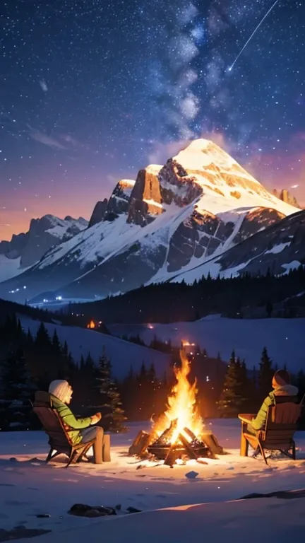 "A breathtaking 4K landscape of a mountain campsite at night, featuring a cozy tent and a motorhome parked nearby. A couple sits around a glowing campfire, enjoying the peaceful moment. The starry sky above adds to the beauty of the scene, while in the dis...