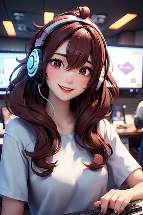 Gamer girl with long thick natural dark red hair in a messy hair style. She is on discord with friends chatting and laughing wearing a headset and has her gaming mic. with a controllor playing on a computor